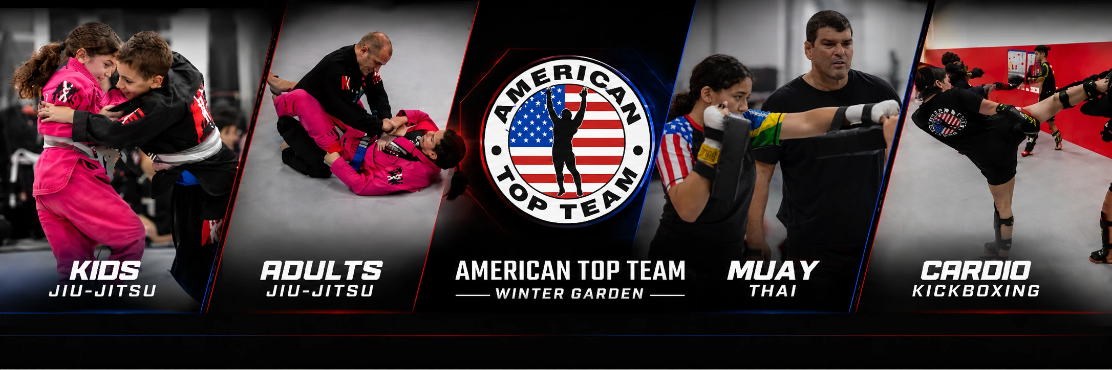 American Top Team Winter Garden programs: Kids Jiu-Jitsu, Adults Jiu-Jitsu, Muay Thai and Cardio Kickboxing